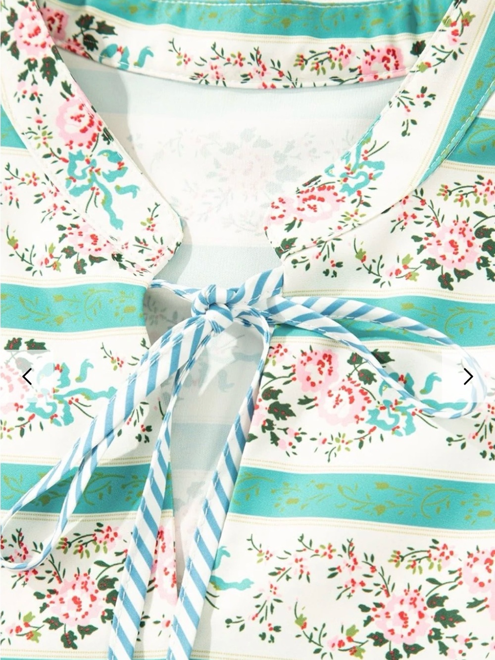 Striped Teal & White Floral Maxi Dress with Puff Sleeves - Picture 9 of 13